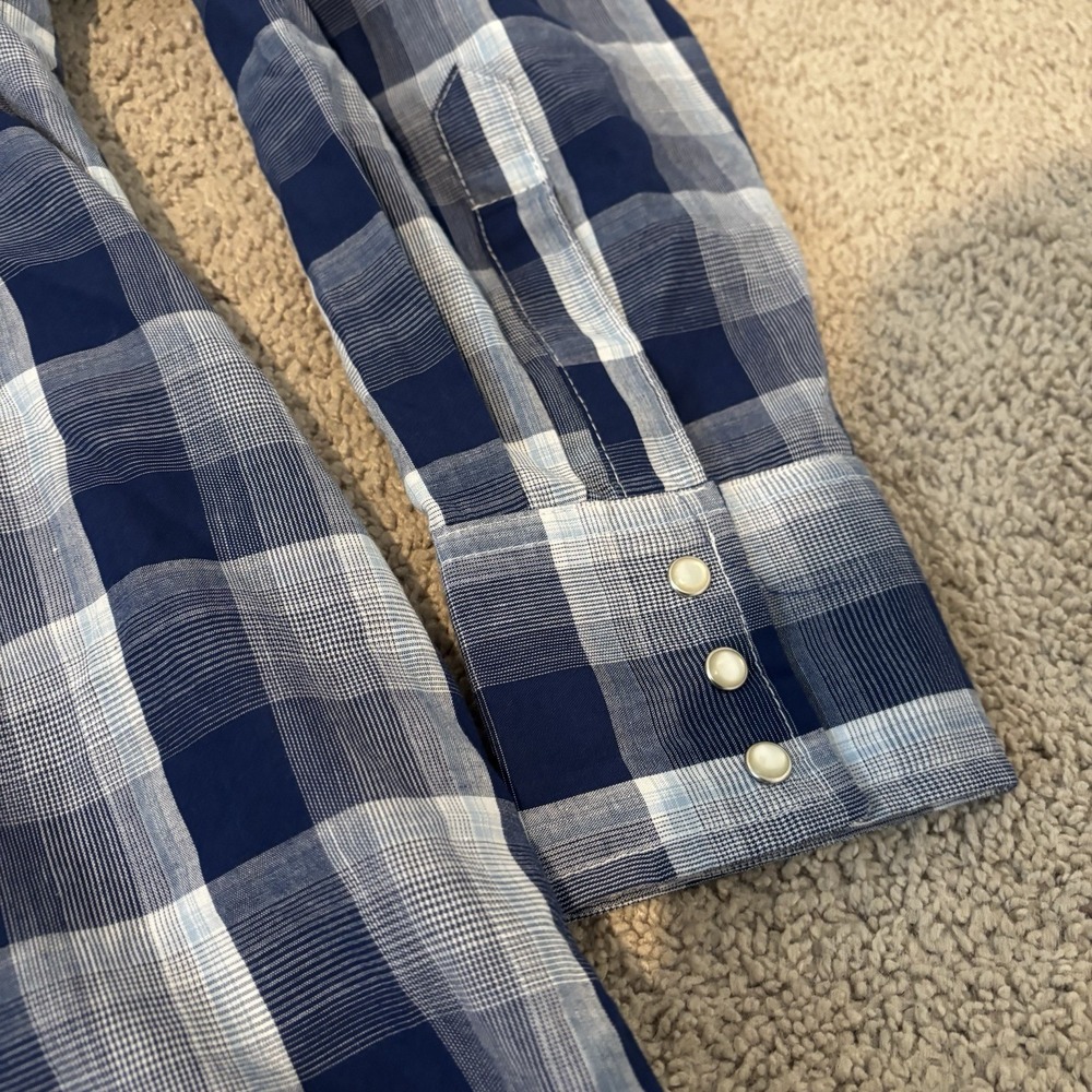 Vintage Wrangler Wrancher‎ Western Pearl Snap Shirt Blue Plaid Long Sleeve 2XL - Picture 4 of 9